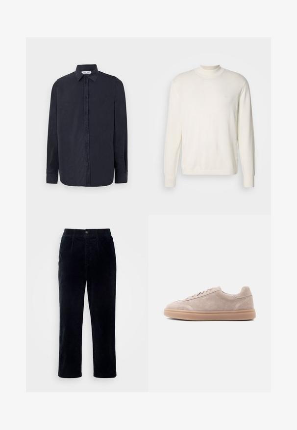 Valge, pika varrukaga, soonikkoes sviiter, millel on kõrge kaelus ja väike logo rinnal. Sile tekstuur, klassikaline lõige.; Samsøe Samsøe RYAN SHIRT - Pluus - salute; Tumedast sinised korduroy püksid sirge jala lõikega, millel on nupuga kinnistus ja peen vertikaalne ribakujundus.; Beežid seemisnahast madalad tennised paeltega ja kummist tallaga, vasaku külje profiil heledal taustal.