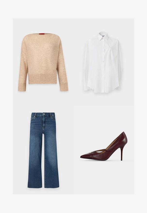 Pull beige à manches longues en maille côtelée, col rond large, coupe décontractée et texture subtile ; présenté sur un fond clair uni.; Chemise blanche à manches longues en tissu léger, dotée d'un col classique, d'une fermeture à boutons et d'une poche en forme de cœur sur le côté gauche.; Jean denim à jambes larges, teinte bleu moyen, doté d'une fermeture par bouton et glissière, cinq poches et des détails de couture subtils.; Escarpin en cuir rouge foncé à talon haut avec bout pointu et une fine bride croisée sur le devant, fixée par une petite boucle dorée.