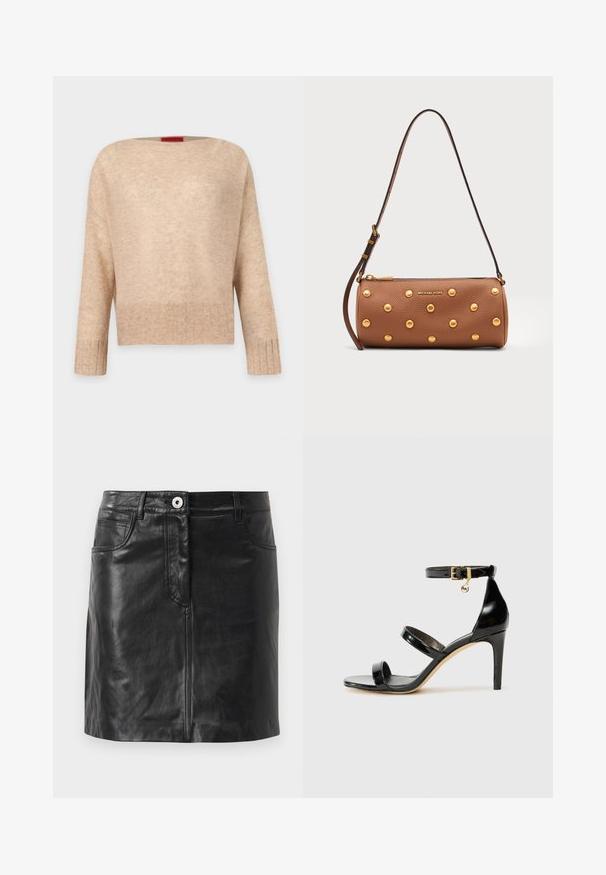 Beige ribstrikket sweater med lange ærmer, bred rund hals, afslappet pasform og subtil tekstur; vist på en ensfarvet lys baggrund.; Weekend Max Mara HULL - Pencil skirt - nero; Sorte patenterede lædersandaler med tre stropper, ankelspænde og 10 cm stiletthæl. Har detaljer i guld og et logo charms.; Brun læder cylindrisk håndtaske med guldbelægte nitter, justerbar rem og gyldent Michael Kors-logo foran.