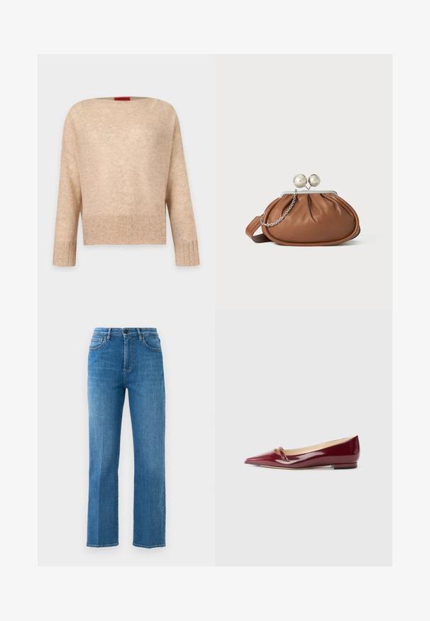 Beige ribgebreide trui met lange mouwen, brede ronde hals, relaxte pasvorm en subtiele textuur; getoond op een effen lichte achtergrond.; Rechtersnit blauwe denim jeans met voorzakken, riemlussen, ritssluiting en knoopsluiting tegen een vlakke witte achtergrond.; Bordeaux patent leren ballerina's met een puntige neus, voorzien van een klein uitsnijdetail en een lage hak. Glad textuur en een slank ontwerp.; Bruine leren clutch met een zilveren balsluiting en een klein zilveren kettingdetail op een witte achtergrond.