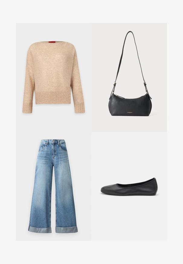 Beige ribstrikket sweater med lange ærmer, bred rund hals, afslappet pasform og subtil tekstur; vist på en ensfarvet lys baggrund.; Lysblå vidbenede jeans i denim med høj talje, der har knaplukning, fem lommer og opfoldede manchetter forneden.; Sort læderballetsko med rund tå, glat tekstur, minimal syning og et fleksibelt såldesign.; Lille sort læder skuldertaske med justerbar rem og gyldent lynlås, med subtilt gyldent brandtekst foran.