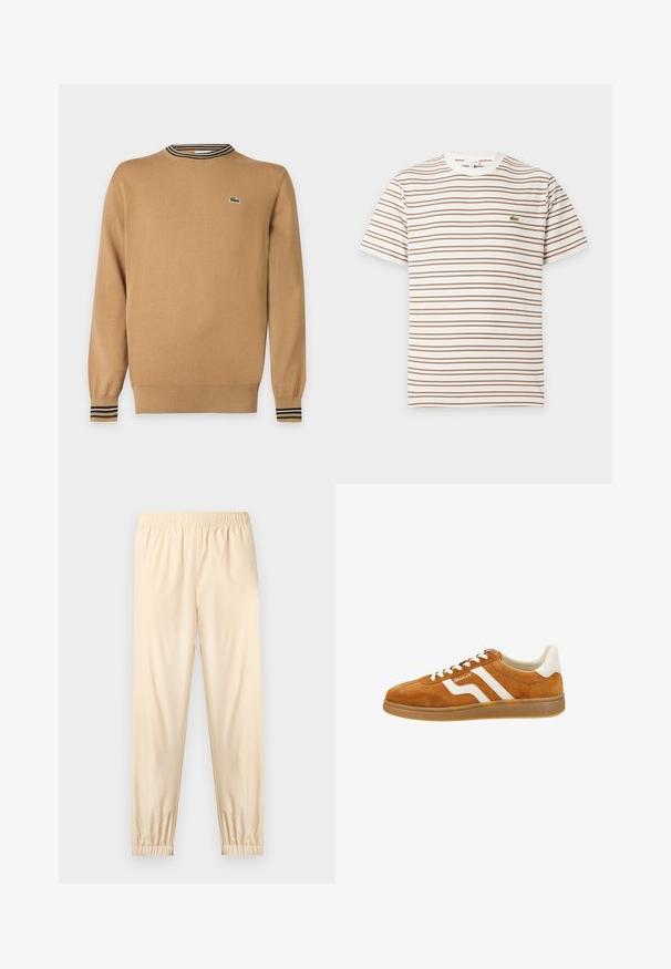 Pull beige à manches longues avec poignets et ourlet côtelés, détail col rayé et petit logo crocodile vert sur la poitrine.; T-shirt blanc à manches courtes avec de fines rayures horizontales beige et un petit logo crocodile vert sur la poitrine gauche.; Pantalon beige clair à taille élastique avec poignets froncés, coupe droite et tissu lisse, présenté sur un fond clair uni.; Baskets en suède marron avec des accents en cuir blanc, présentant un profil bas, un bout rond et des rayures contrastantes sur le côté. Design à lacets.