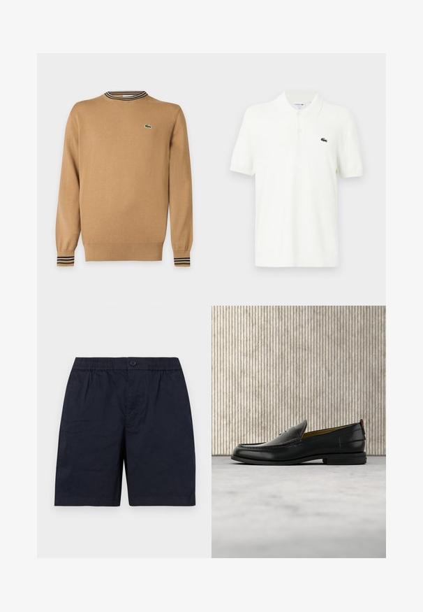 Pull beige à manches longues avec poignets et ourlet côtelés, détail col rayé et petit logo crocodile vert sur la poitrine.; Polo-shirt blanc en coton lisse avec un col classique, patte de boutonnage à trois boutons et un petit logo crocodile vert sur la poitrine.; Shorts décontractés bleu marine avec taille élastique, bouton à l'avant et poches latérales, posés à plat sur un fond blanc.; Mocassin pour homme en cuir noir avec un dessus embossé effet croco et un petit talon, présenté de profil sur un fond neutre.