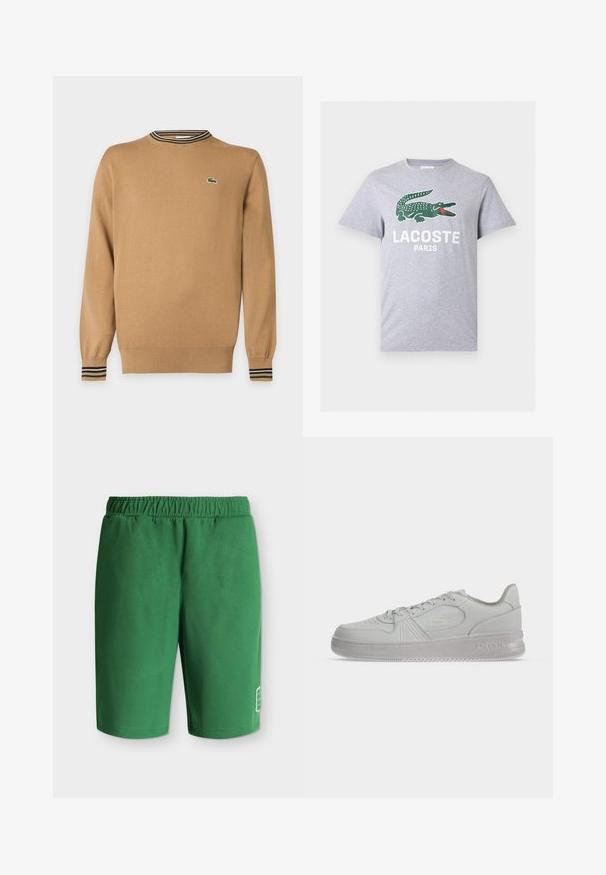 Pull beige à manches longues avec poignets et ourlet côtelés, détail col rayé et petit logo crocodile vert sur la poitrine.; T-shirt gris clair à manches courtes avec un logo crocodile vert et le texte blanc "LACOSTE PARIS" centré sur la poitrine.; Shorts décontractés verts avec taille élastique et petit logo blanc près du bas de la jambe gauche sur un fond uni.; Baskets basses blanches Lacoste avec lacets, logo embossé sur le côté et semelle texturée sur fond uni.