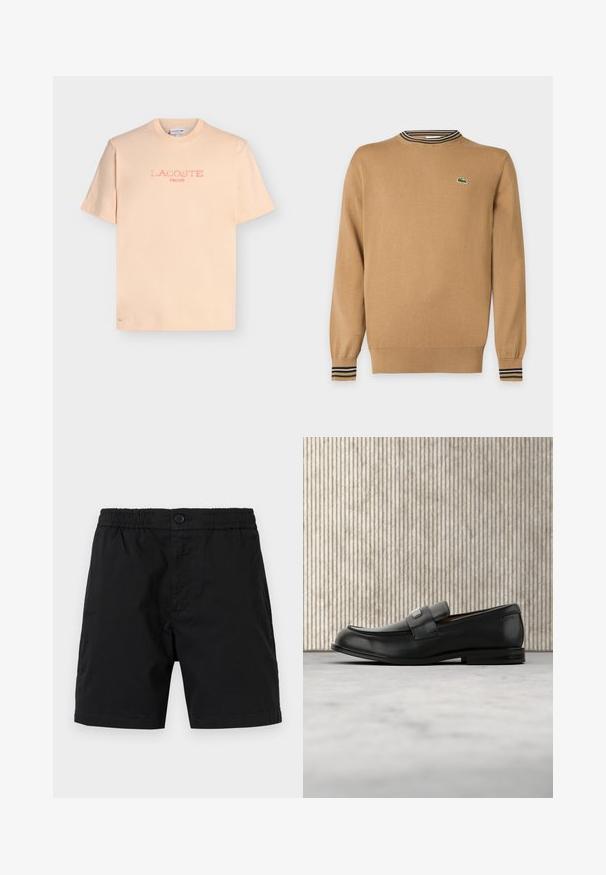 Pull beige à manches longues avec poignets et ourlet côtelés, détail col rayé et petit logo crocodile vert sur la poitrine.; T-shirt à manches courtes couleur pêche clair avec «LACOSTE PARIS» imprimé en rose délavé sur le devant et un petit crocodile brodé près de l'ourlet.; Shorts noirs pour hommes avec taille élastique, fermeture à bouton et longueur mi-cuisse, présentés sur un fond neutre.; Mocassin en cuir noir avec une plaque de marque en métal reposant près d'une table ronde marron sur un sol recouvert de moquette beige.