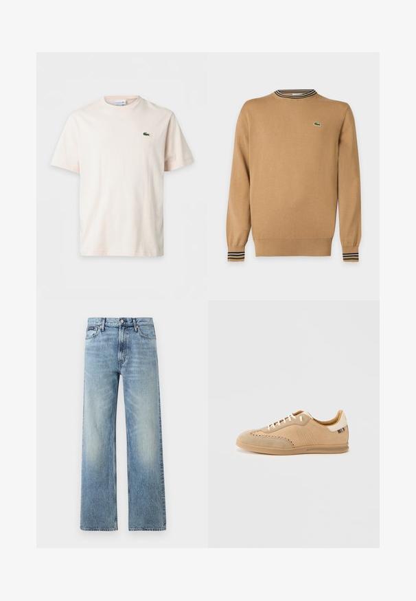 Pull beige à manches longues avec poignets et ourlet côtelés, détail col rayé et petit logo crocodile vert sur la poitrine.; T-shirt uni beige clair à manches courtes avec col rond et petit logo crocodile vert sur la poitrine gauche.; Jean droit en denim bleu clair avec taille haute, cinq poches, fermeture à boutons et léger délavage sur les cuisses et les genoux.; Baskets en daim beige avec des détails perforés, des lacets crème et une semelle texturée marron clair, avec un accent de couleur contrastante au talon.