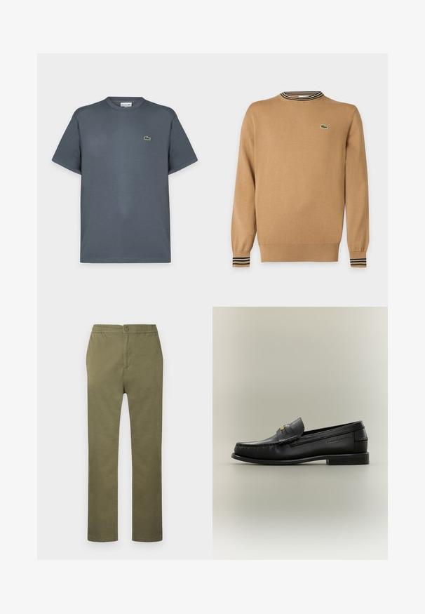 Pull beige à manches longues avec poignets et ourlet côtelés, détail col rayé et petit logo crocodile vert sur la poitrine.; T-shirt gris foncé à manches courtes et col rond avec un petit logo crocodile vert sur la poitrine gauche, présenté sur un fond clair uni.; Pantalon en coton léger de couleur vert olive avec une taille élastiquée, une fermeture à boutons, et une coupe droite. Pas de motifs ou accents visibles.; Mocassin noir en cuir à enfiler avec petit talon, boucle dorée et nom de marque embossé sur le côté sur fond neutre.