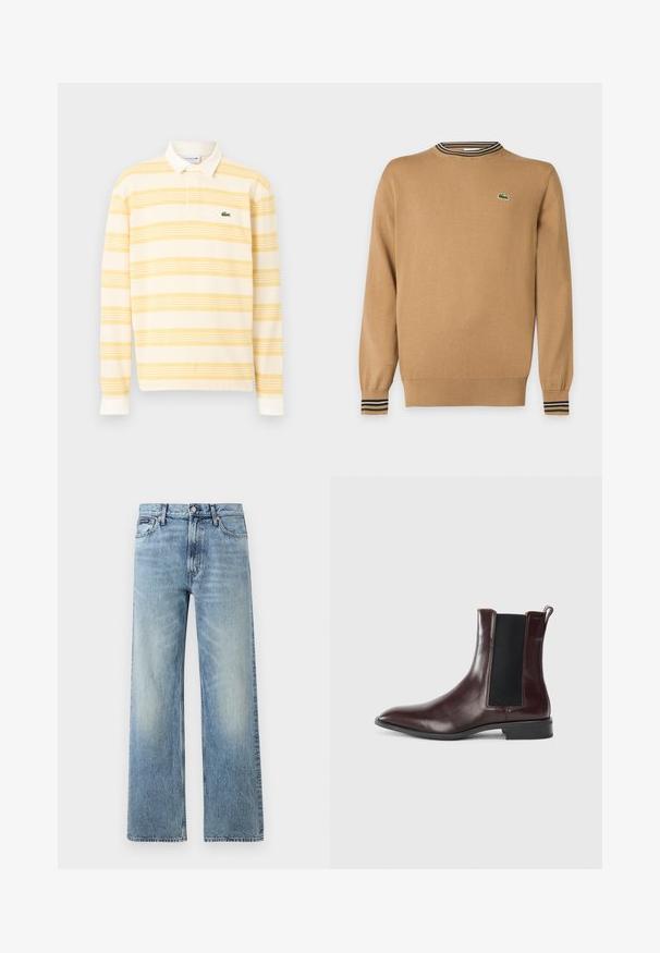 Pull beige à manches longues avec poignets et ourlet côtelés, détail col rayé et petit logo crocodile vert sur la poitrine.; Polo à manches longues rayé jaune et blanc avec un col blanc et un petit logo crocodile vert sur la poitrine.; Jean droit en denim bleu clair avec taille haute, cinq poches, fermeture à boutons et léger délavage sur les cuisses et les genoux.; Bottine Chelsea en cuir marron avec des panneaux latéraux élastiques, un bout pointu et une texture lisse. Semelle noire et détails de couture subtils.