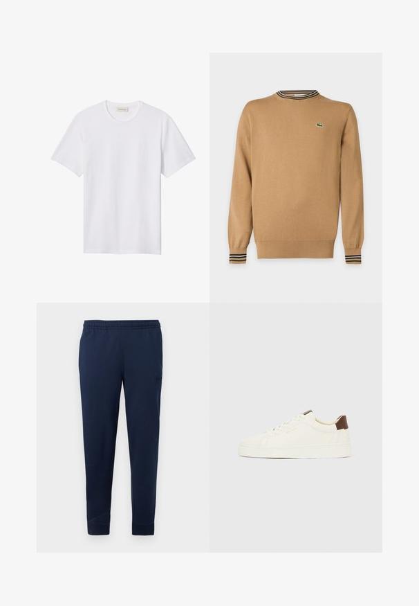 Beige langærmet sweater med ribkanter ved ærmer og kant, stribet kravedetalje og en lille grøn krokodille-logo på brystet.; Hvidt ensfarvet T-shirt med korte ærmer og rund hals, med lille præget logo på venstre bryst og mærke indeni kraven.; Marineblå joggerbukser med elastisk taljebånd og ankelmanchetter, med et subtilt patchlogo på det øverste lår.; Hvid lav sko med cremefarvede snørebånd, en brun hæltab og gyldent "GANT"-logo på siden, vist i profil mod en ensfarvet baggrund.