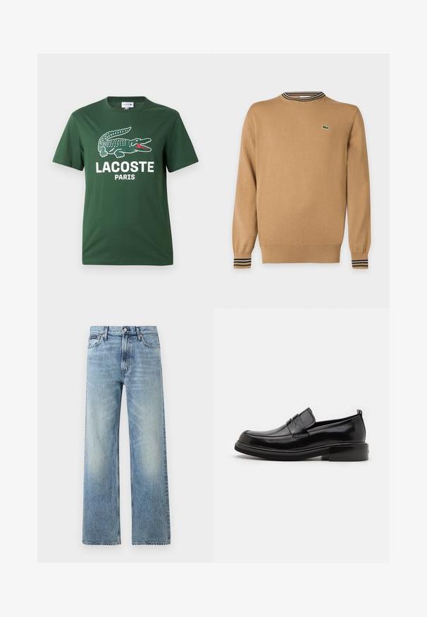 Beige trui met lange mouwen met geribde manchetten en zoom, gestreept kraagdetail en een klein groen krokodillenlogo op de borst.; Groen T-shirt met korte mouwen en een grote witte en rode grafische krokodil boven de tekst "LACOSTE PARIS" aan de voorkant.; Lichtblauwe denim jeans met rechte pijpen, een hoge taille, vijf zakken, knoopsluiting en subtiele vervaging op de dijen en knieën.; Calvin Klein MOCCASIN - Zakelijke loafers - black