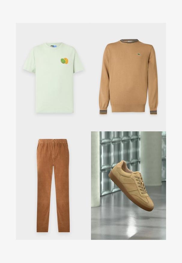 Pull beige à manches longues avec poignets et ourlet côtelés, détail col rayé et petit logo crocodile vert sur la poitrine.; T-shirt vert clair à manches courtes avec un petit motif de kiwi et d'orange sur le côté gauche de la poitrine.; Pantalons en velours côtelé marron avec une taille élastique, dotés d'une fermeture à bouton. Design à jambe droite et tissu doux et texturé.; Baskets beiges en daim avec semelle en gomme, design à lacets, flottant à l'intérieur sur un sol en béton poli près d'un mur en blocs de verre.