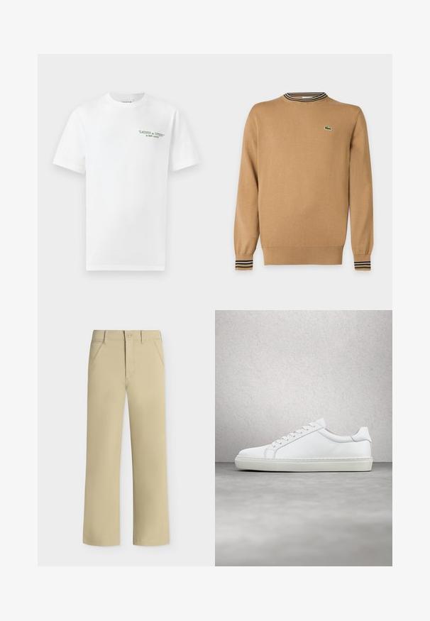 Pull beige à manches longues avec poignets et ourlet côtelés, détail col rayé et petit logo crocodile vert sur la poitrine.; T-shirt blanc à manches courtes avec le texte vert "LACOSTE on TENNIS" par René Lacoste sur le haut gauche de la poitrine.; Pantalon beige à jambes droites avec passants de ceinture, poches latérales, fermeture à bouton et design épuré et simple.; Sneaker blanche avec une tige en cuir lisse et un profil bas. Présente un bout arrondi, six œillets et une semelle en caoutchouc texturé.
