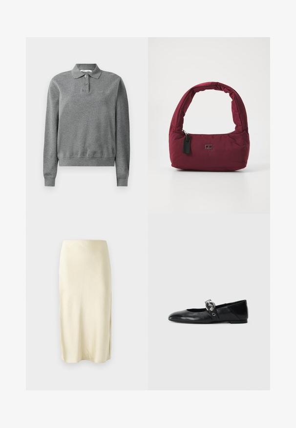 Polo gris à manches longues en tissu doux, avec un col classique, une patte de boutonnage et des poignets côtelés, offrant une coupe décontractée.; Jupe midi en satin jaune pâle avec une texture lisse, présentant une fente latérale et un design à coupe droite. Silhouette simple et élégante.; Ballerines en cuir noir avec un bout pointu, dotées d'une sangle avec une boucle métallique circulaire et d'une semelle plate.; Sac à main en tissu rembourré bordeaux avec une poignée incurvée et froncée, une fermeture éclair et une petite étiquette en cuir noir. Logo visible à l'avant.