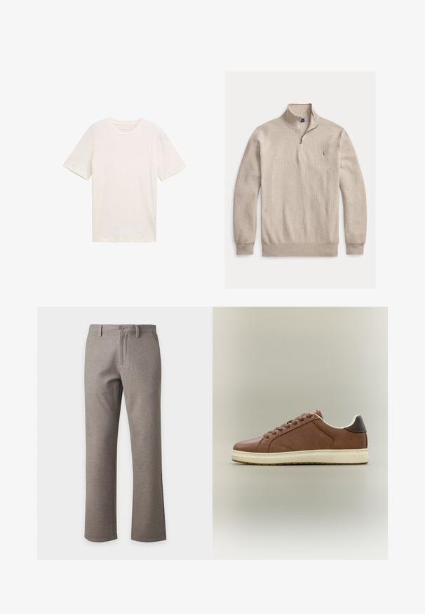 Beige kvart-zip striktrøje med lange ærmer, ribstrikkede manchetter og kant, lille broderet logo på venstre bryst.; Kortærmet T-shirt med rund hals i off-white bomuld. Har en afslappet pasform med glat tekstur og ingen bemærkelsesværdige mønstre eller accenter.; Herre beige bukser i lige snit med knap og lynlås lukning, bæltestropper og forlommer, vist på en ensfarvet hvid baggrund.; Brun lavtopet lædersneaker med cremefarvet gummisål og mørkebrun hælfane, snørelukning på siden, på neutral baggrund.