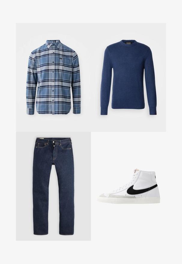 Scotch & Soda REGULAR FIT CREW NECK - Strickpullover - insignia blue; Blau-weißer kariert Langarmhemd aus Baumwolle; mit Button-Down-Kragen; verfügt über ein kleines Logo-Patch auf der Brusttasche.; Dunkelblaue Jeans mit geradem Bein, Knopfleiste, Vorder- und Gesäßtaschen sowie kontrastierender Naht, flach auf hellem Hintergrund liegend.; Weiße High-Top-Sneaker mit einem schwarzen Swoosh, strukturiertem grauen Zehenkappeneinsatz und flacher weißer Sohle. Verfügt über sechs Ösen und genähte Akzente.