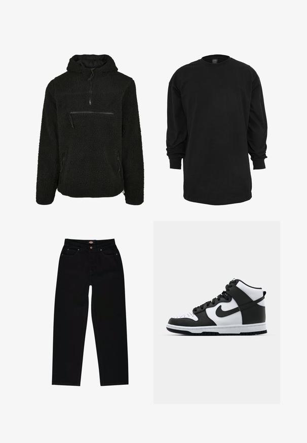 Schwarzer Fleece-Pullover mit Kapuze, der eine Viertelreißverschluss-Front, eine strukturierte Oberfläche und drei Reißverschlusstaschen auf der Vorder- und den Seiten hat.; Langärmliges schwarzes T-Shirt aus Baumwolle. Hat einen runden Ausschnitt und eine normale Passform. Glatte Textur ohne sichtbare Muster oder Akzente.; Schwarze Jeans aus Denim im geraden Schnitt, mit fünf Taschen, braunen Nähten und einem Reißverschluss. Glatte Textur und hochwertiges Material.; Schwarz-weißer High-Top-Sneaker mit Lederobermaterial, perforiertem Zehenbereich, auffälligem Swoosh-Logo und strukturiertem Gummisohle.