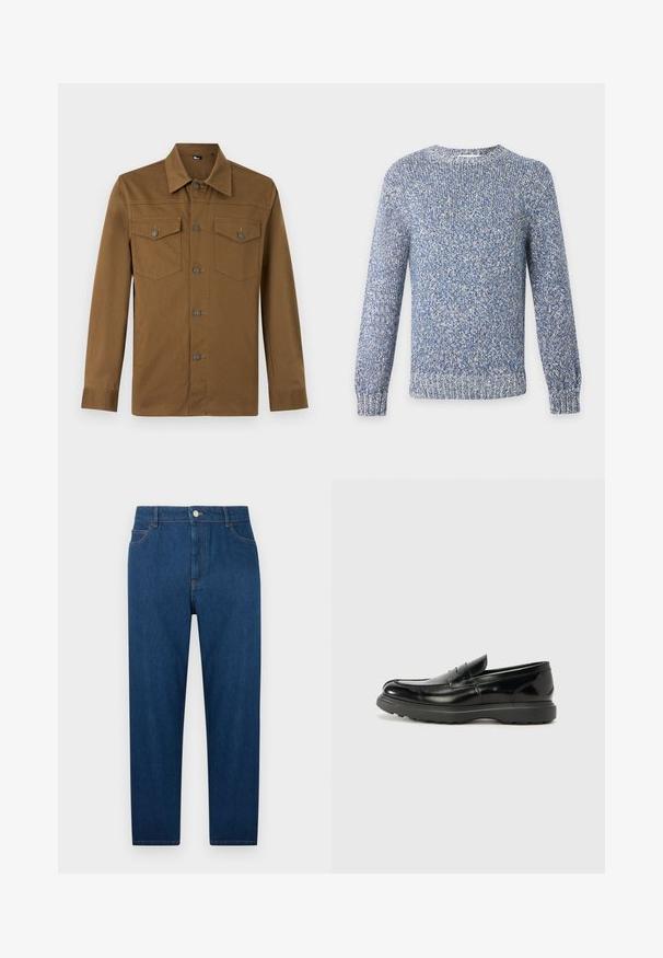 Pull tricoté chiné bleu et blanc à col rond, manches longues, poignets et ourlet côtelés.; Chemise marron à manches longues avec col pointu et deux poches poitrine boutonnées, présentée sur fond clair uni.; Jean droit en denim bleu foncé avec bouton et fermeture éclair à l'avant, design à cinq poches et coutures visibles à la taille et sur les poches.; Mocassin en cuir noir avec une finition brillante, bout arrondi, détails de couture subtils et semelle en caoutchouc épaisse pour la durabilité.