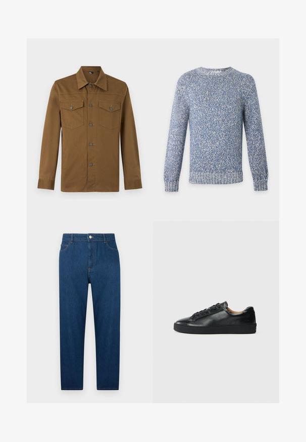Pull tricoté chiné bleu et blanc à col rond, manches longues, poignets et ourlet côtelés.; Chemise marron à manches longues avec col pointu et deux poches poitrine boutonnées, présentée sur fond clair uni.; Jean droit en denim bleu foncé avec bouton et fermeture éclair à l'avant, design à cinq poches et coutures visibles à la taille et sur les poches.; Baskets en cuir noir avec une texture lisse, bout rond et fermeture à lacets. Comprend une semelle en caoutchouc épaisse et un minimum de détails de marque.