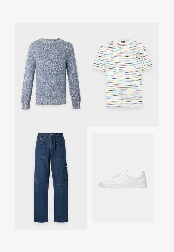 Blå og hvid meleret strikket crewneck sweater med lange ærmer og ribkant ved ærmer og kant.; Multifarvet T-shirt med horisontale penselstrøgsmønstre i nuancer af blå, orange, grøn og sort på en hvid baggrund. Kortærmet.; Mørkeblå denim cargo bukser med lige snit, der har flere lommer, metalbeslag og kontraststikningsdetaljer.; Hvid lavt sneaker med snørelukning, glat læderoverdel og tyk sål, vist fra siden på en ensfarvet baggrund.