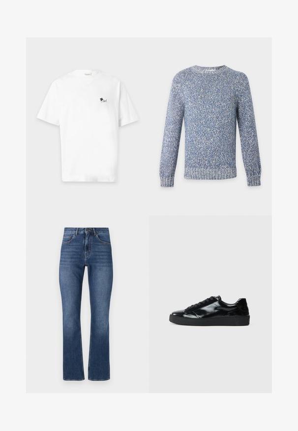 Pull tricoté chiné bleu et blanc à col rond, manches longues, poignets et ourlet côtelés.; T-shirt blanc à manches courtes avec un petit trèfle noir et le mot "loved" imprimé sur la poitrine gauche.; Jean en denim bleu avec une coupe droite, dotés de poches standard et d'une taille piquée, affichant un lavage moyen et un léger délavage.; Baskets en cuir verni noir avec un bout arrondi, un laçage, une semelle en caoutchouc texturé et une finition lisse.
