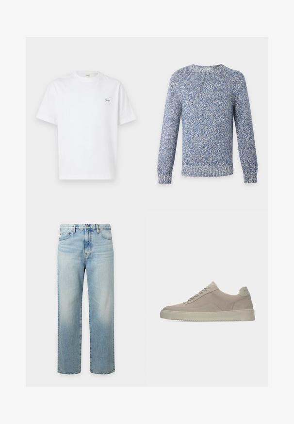 Pull tricoté chiné bleu et blanc à col rond, manches longues, poignets et ourlet côtelés.; T-shirt blanc en coton avec manches courtes et col ras du cou, arborant un petit logo texte noir "Cloud" brodé sur le côté gauche de la poitrine.; Jeans en denim bleu clair à coupe droite avec poches avant, passants pour ceinture et fermeture par bouton.; Baskets en daim beige avec une finition texturée, un bout arrondi et des lacets ton sur ton. Elles présentent une semelle en caoutchouc épaisse et un branding discret sur le talon.