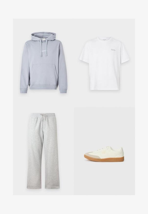 Sweat à capuche gris clair avec poche kangourou à l'avant, capuche avec cordon de serrage, poignets et ourlet côtelés, et petit texte blanc sur la poitrine.; T-shirt blanc à manches courtes en coton, avec un col rond et un petit logo sur la poitrine gauche. Texture lisse, coupe décontractée.; Pantalons de survêtement gris clair avec taille élastique et cordon beige, coupe droite, présentés sur un fond blanc.; Baskets en cuir blanc avec une coque beige et une semelle en caoutchouc marron clair. Dotées de lacets blancs plats et d'un logo embossé sur le côté.