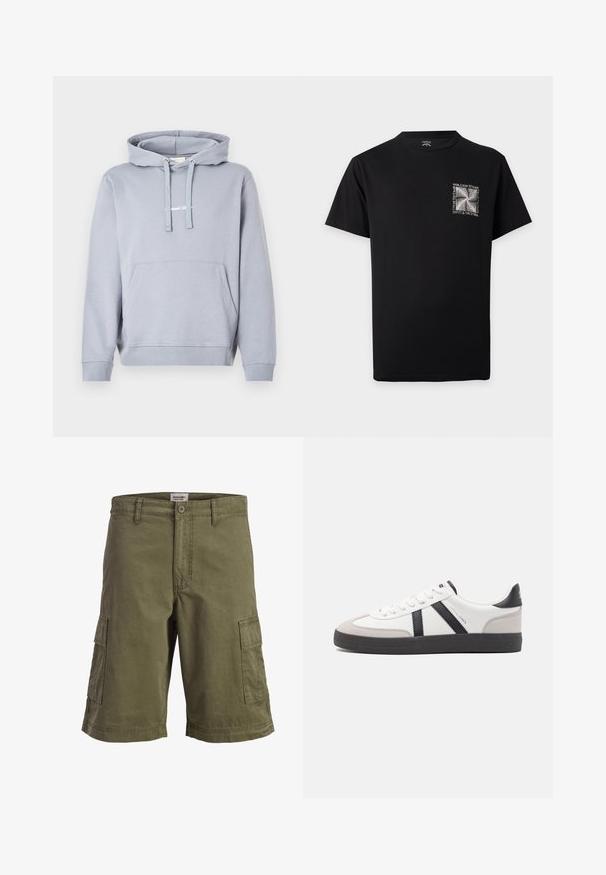 Sweat à capuche gris clair avec poche kangourou à l'avant, capuche avec cordon de serrage, poignets et ourlet côtelés, et petit texte blanc sur la poitrine.; T-shirt noir à manches courtes avec un petit graphique carré blanc et le texte "Volcom Stone" sur le côté gauche de la poitrine.; Short cargo vert avec poches latérales, passants de ceinture et fermeture à bouton, présenté sur fond blanc uni.; Baskets blanches avec des accents noirs et gris, présentant un embout texturé gris, une semelle en caoutchouc noir et des lacets plats blancs. Design épuré, style minimaliste.