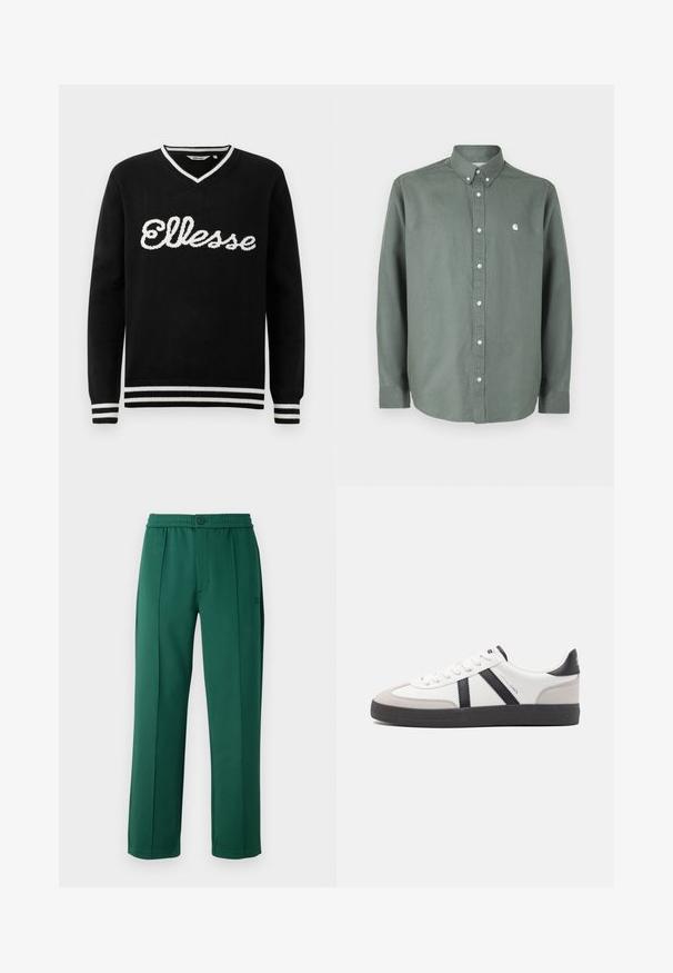 Jersey negro de cuello en V con el logotipo blanco de "Ellesse" en el pecho y franjas blancas en el cuello, los puños y el dobladillo.; Camisa verde de manga larga hecha de algodón, con cuello abotonado, tapeta frontal con botones y un pequeño logo blanco en el pecho.; Pantalones de poliéster verdes con un corte relajado, cintura elástica, pliegues frontales y un cierre con un solo botón. Textura suave y diseño de pierna recta.; Zapatilla blanca con acentos en negro y gris, que presenta una puntera texturizada en gris, suela de goma negra y cordones planos blancos. Diseño limpio, estilo minimalista.
