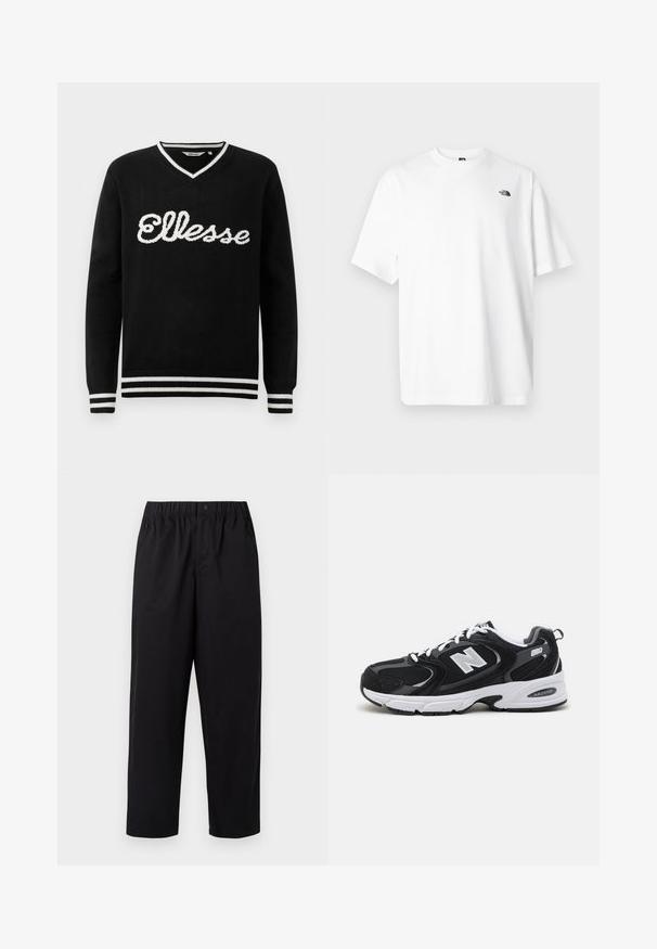 Sort V-hals sweater med hvid "Ellesse" logo over brystet og hvide striber på kraven, manchetterne og kanten.; Hvid bomuld t-shirt med korte ærmer, V-udskæring, med en lille sort logo på øverste venstre side. Blød tekstur, afslappet pasform.; Sorte, vide ben bukser med elastisk talje og en enkelt knap. Lavet af et glat, letvægtsstof. Lige kant.; Sorte og grå sportssko med mesh og ruskind på overdelen, der har en hvid mellemsål, snørebånd og et iøjnefaldende "N" logo på siden.