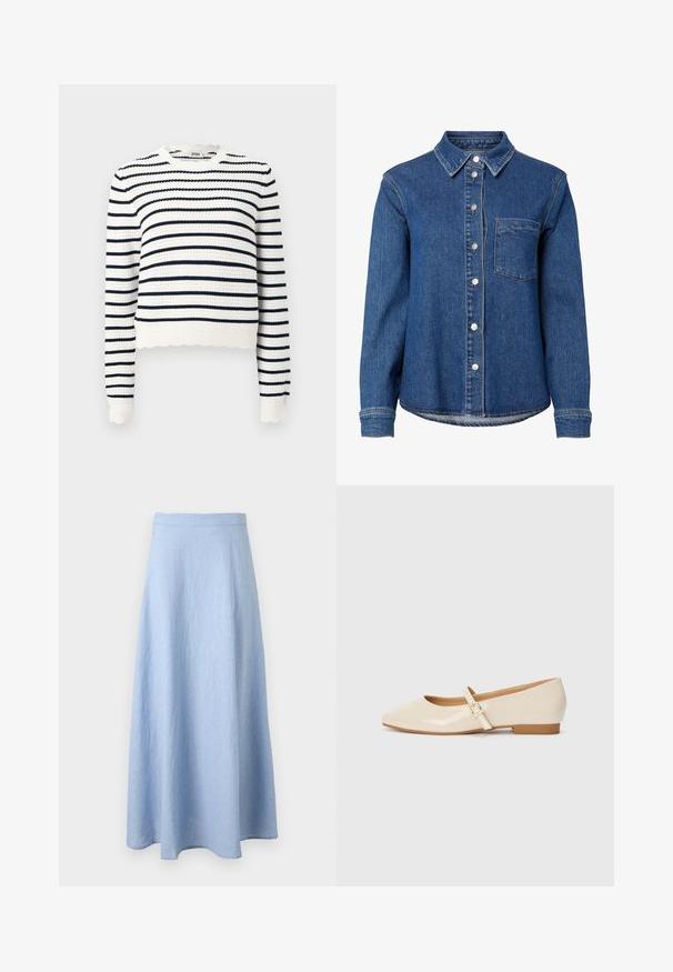 Gehaakte trui met witte en marineblauwe horizontale strepen. Ronde hals, lange mouwen en een gegolfde zoom.; Blauw denim overhemd met lange mouwen, knopen aan de voorkant, een enkele borstzak aan de linkerkant en een klassieke kraag.; Lichtblauwe A-lijn rok tot op de enkel met een aansluitende tailleband, gemaakt van zachte, gestructureerde stof, weergegeven op een witte achtergrond.; Beige laarzen in patentrein met een vierkante neus, een kleine hak en een verstelbare enkelband met een gouden gespaccent.