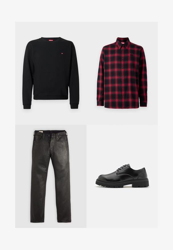 Sweat-shirt noir en tissu doux, avec un col rond et des manches longues. Petit logo rouge près de la poitrine. Poignets et ourlet côtelés.; Chemise en flanelle à carreaux noire et rouge avec manches longues, fermeture à boutons, col pointu et un petit logo sur la poitrine gauche.; Jean en denim noir à coupe droite, avec une fermeture à bouton et à glissière, cinq poches et une texture lisse.; Chaussures en cuir noir avec un bout rond, un laçage et une semelle en caoutchouc épaisse et texturée. Présente des coutures le long du bord et une finition lisse.