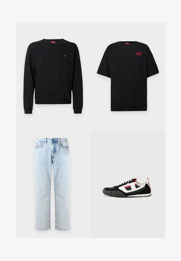 Zwarte sweatshirt gemaakt van zachte stof, met een ronde hals en lange mouwen. Klein rood logo bij de borst. Geribbelde boorden en zoom.; Zwart T-shirt van katoen met korte mouwen, een ronde hals en een rood "DIESEL"-logo op de linkerborst.; Lichtblauwe denim jeans met een rechte pijp, vijf zakken en subtiele vervaging. Voorzien van een knoopsluiting en een lus voor een riem.; Diesel S PAGODHA LOW - Sneakers laag - black