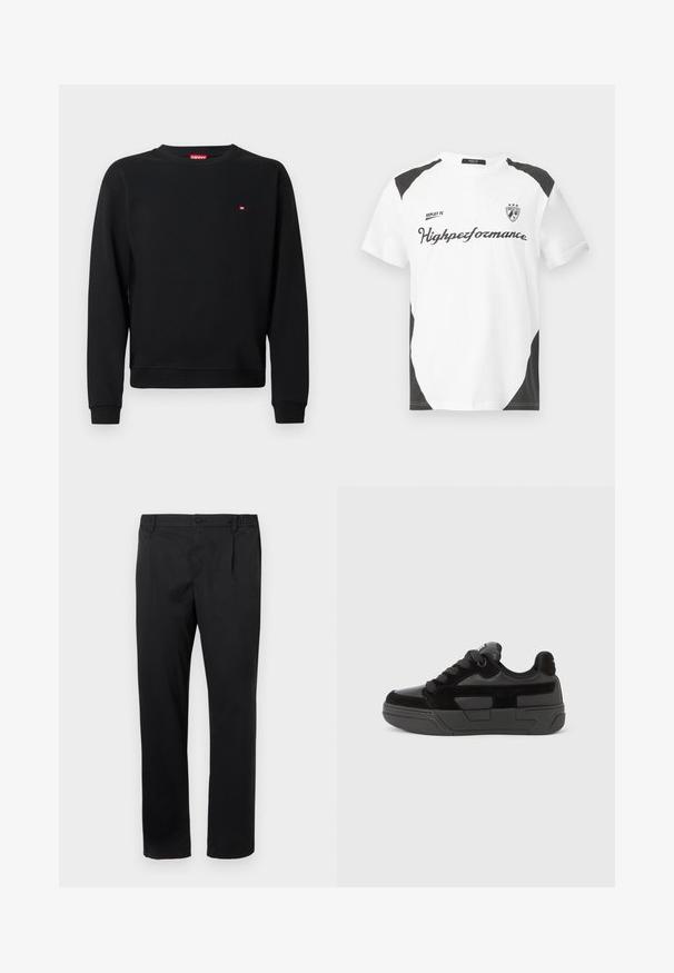Sort sweatshirt lavet af blødt stof med rund hals og lange ærmer. Lille rødt logo nær brystet. Ribstrikkede manchetter og kant.; Hvid kortærmet t-shirt med sorte accenter. Har "REPLAY FC" logoet og "Highperformance" teksten i en sporty skrift. Lavet af et glat materiale.; Sorte lige ben bukser med knap- og lynlåslukning, sidelommer og delvist elastisk talje på hvid baggrund.; Sort sneakersko med en kombination af glatte og teksturerede materialer, med rundet snude, tyk sål og snørelukning. Minimalistisk design med accenter.