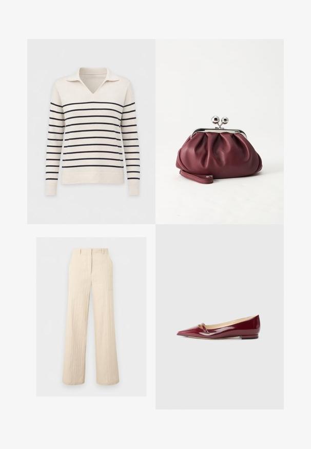 Pull à manches longues crème avec des rayures horizontales noires, un col en V et des poignets et ourlet côtelés.; Pantalon beige taille haute à jambes larges avec passants pour ceinture et détails de coutures, présenté à plat sur un fond gris clair.; Ballerines en cuir verni bordeaux avec un bout pointu, présentant un petit détail découpé et un petit talon. Texture lisse et design épuré.; Petit sac pochette en cuir bordeaux avec fermoir métallique argenté et bracelet sur fond blanc.