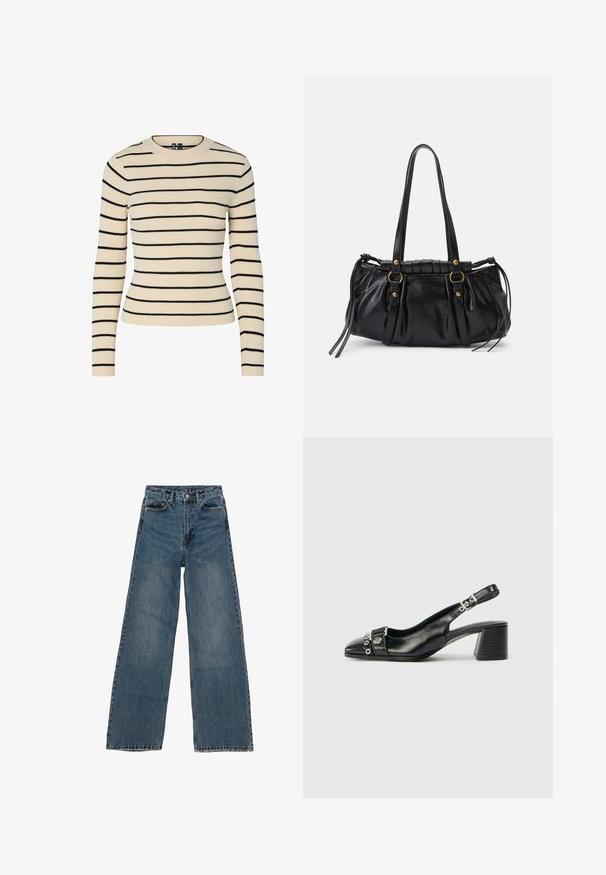 Suéter crema de canalé con rayas horizontales negras, escote redondo y mangas largas. Presenta un diseño ajustado y una textura sin costuras.; Jeans de mezclilla azul de pierna ancha con cintura alta, cinco bolsillos y costuras en contraste. Desvanecimientos y ligerasImperfecciones visibles en la tela.; Tacón slingback de cuero negro con punta afilada, correa texturizada con acentos metálicos circulares y tacón cuadrado apilado.; Bolso de mano de cuero negro con forma redondeada, asas dobles, acentos de hardware decorativo y detalles de lazo en los laterales. Textura lisa y brillante.