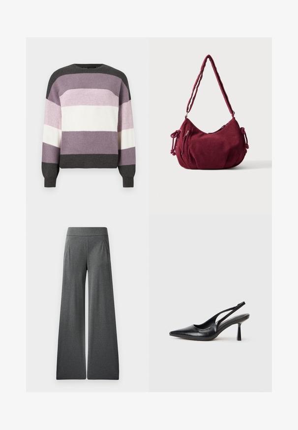 Strikket sweater med vandrette striber i mørkegrå, lys grå, lavendel og hvid; rund halsudskæring og ribbede manchetter.; Grå vide bukser med flad talje, folder foran og en glat tekstur, designet til komfort og bevægelsesfrihed.; Sort læderslagback højhælet sko med spids tå og slank hæl på en hvid baggrund.; Blød bordeaux kordfløjls skuldertaske med justerbar rem, lynlås lukning, sidelommer med bindebånd og en front lynlåslomme.
