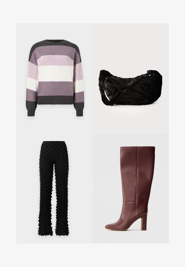 Strikket sweater med vandrette striber i mørkegrå, lys grå, lavendel og hvid; rund halsudskæring og ribbede manchetter.; Sorte, strukturerede bukser med bred benvidde og ribbede detaljer i taljen, der har et tredimensionelt, pigget overflademønster overalt.; Knæhøj bordeaux læderstøvle med spids tå og blokhæl, med en glat tekstur og minimalistisk design.; Sort stofpose med et struktureret bølgemønster, der har et snoet håndtag og afrundet form. Blødt, pelsagtigt materiale, der giver en taktil fornemmelse.