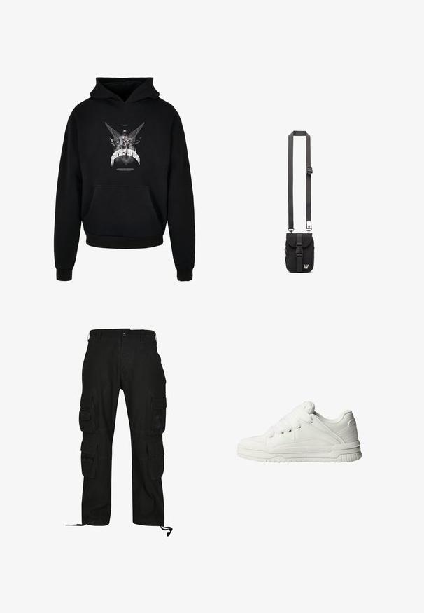 Zwarte hoodie met een voorzak in kangoeroe-stijl, voorzien van een grafisch ontwerp van een gevleugeld figuur en tekst in wit en grijs. Gemaakt van een katoenmix.; Zwarte cargobroek van duurzaam materiaal, met meerdere zijzakken, een relaxed fit en verstelbare enkelbanden.; Witte sneakers met een gladde leren buitenkant, een gevoerde tong, platte veters en getextureerde accenten aan de zijkanten en hiel.; Zwarte stoffen schoudertas met een verstelbare strap, voorflap en een ritsvak. Heeft merkhardware en een compacte rechthoekige vorm.
