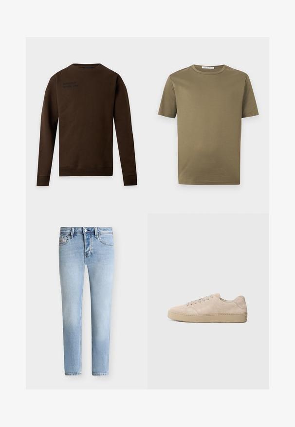Sweat-shirt marron à manches longues et col rond avec un texte noir discret sur le haut gauche de la poitrine, poignets et ourlet côtelés, présenté sur fond blanc.; T-shirt vert olive à manches courtes et col rond, de design uni, présenté sur un fond blanc.; Jean slim bleu clair avec bouton à l'avant, fermeture éclair et design à cinq poches sur fond blanc.; Baskets en daim beige avec un bout rond, des lacets plats et une semelle en caoutchouc texturé. Design minimaliste avec des bords lisses et des coutures discrètes.