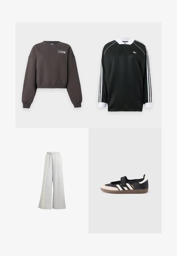Dunkelbraunes kurzes Sweatshirt mit langen Ärmeln und dem "New Balance Athletics" Logo auf der oberen linken Brust.; Schwarzes Langarmshirt mit V-Ausschnitt, verziert mit vertikalen Streifen, weißen Akzenten und drei weißen Streifen an jedem Ärmel. Kleines Logo auf der Brust.; Hellgraue weit geschnittene Sweatpants aus weichem Stoff, mit drei weißen Streifen an jeder Seite und einem elastischen Bund.; Schwarzer und beiger Sneaker mit Klettverschluss, drei weißen Streifen an der Seite und einer strukturierten braunen Gummisohle. Markenlogo sichtbar.