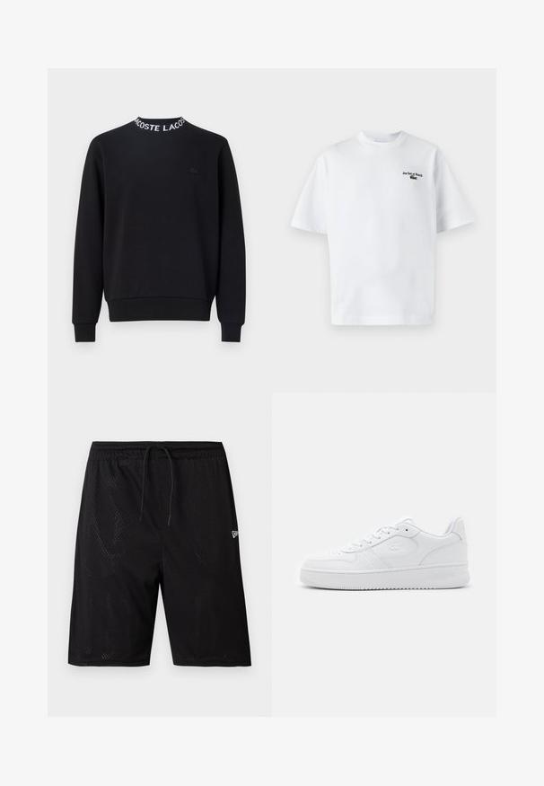 Zwarte sweatshirt met een ronde halslijn met witte "LACOSTE" tekst, geribbelde mouwen en zoom, en een klein zwart logo op de borst.; Witte katoen t-shirt met korte mouwen, met de tekst "Jeu Set et Match" en een klein groen logo op de linkerkant van de borst. Klassieke pasvorm.; Zwarte mesh sportshorts met een trekkoord in de taille, voorzien van een geperforeerde textuur en een klein wit logo aan de onderzijde rechts.; Witte leren sneaker met geperforeerde neus, platte veters en gevoerde kraag. Voorzien van een geperst logo aan de zijkant en een getextureerde rubberen zool.