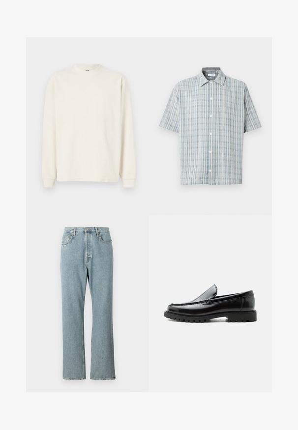 Langarm, geripptes Strickoberteil in Off-White mit Rundhalsausschnitt und enganliegenden Bündchen, das eine lockere Silhouette bietet.; Kurzärmliges Hemd mit Knöpfen, blau-weiß kariertes Muster, Umschlagkragen und weißen Knöpfen vorne.; Helles blaues Denim-Jeans mit hoher Taille, weit geschnittenen geraden Beinen und einfacher Naht. Verfügt über fünf Taschen und einen klassischen Knopfverschluss.; Schwarzer Lederloafer mit grober Gummisohle, genähter Oberseite und geprägtem Markennamen an der Ferse, seitlich auf weißem Hintergrund gezeigt.