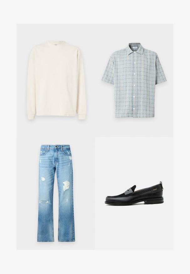 Top de punto acanalado de manga larga en color blanco roto con cuello redondo y puños ajustados, que presenta una silueta relajada.; Camisa de manga corta con estampado a cuadros en azul y blanco, cuello abierto y botones blancos en la parte delantera.; Vaqueros de mezclilla azul claro con un diseño de pierna recta, que presentan detalles desgastados y un acabado desvaído. Incluyen un botón de metal y cinco bolsillos.; Mocasín de cuero negro con detalle de tira gris, tacón bajo y suela texturizada, con la marca "HUGO" en oro en el lateral.
