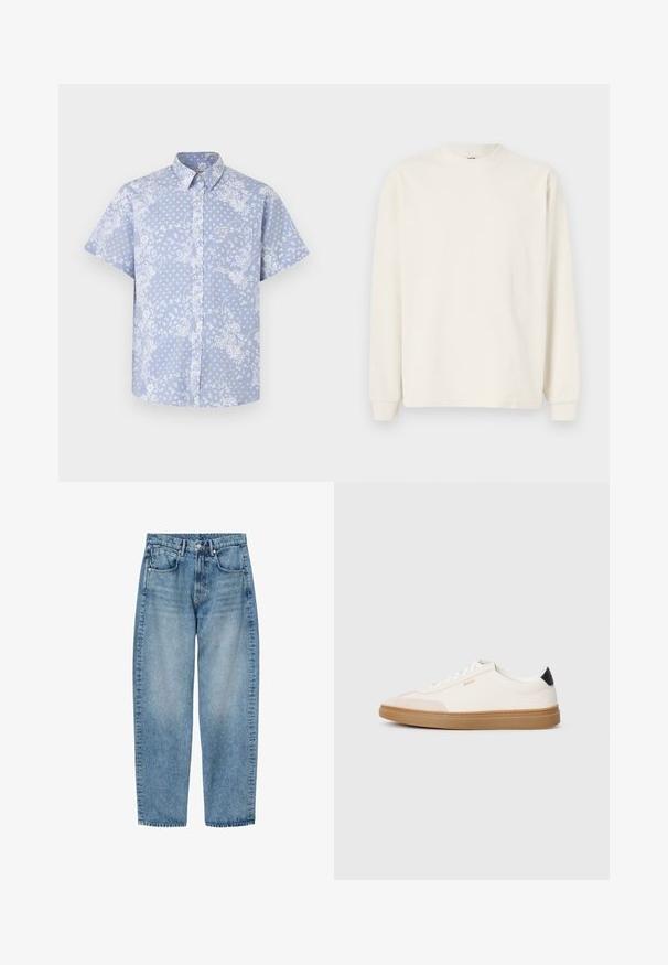 Langermige, ribgebreide top in gebroken wit met een ronde hals en fitted mouwen, met een ontspannen silhouet.; Korte mouw button-up shirt van lichtblauwe stof, met een witte bloemenpatroon en een borstzak met een logo label.; Lichtblauwe rechte spijkerbroek met voorzakken, riemlussen en knoopsluiting, plat liggend op een witte achtergrond.; Witte sneakers met beige accenten, bovenwerk van glad leer, ronde neus en rubberen gumzool, met een zwarte hieltab en subtiele branding.