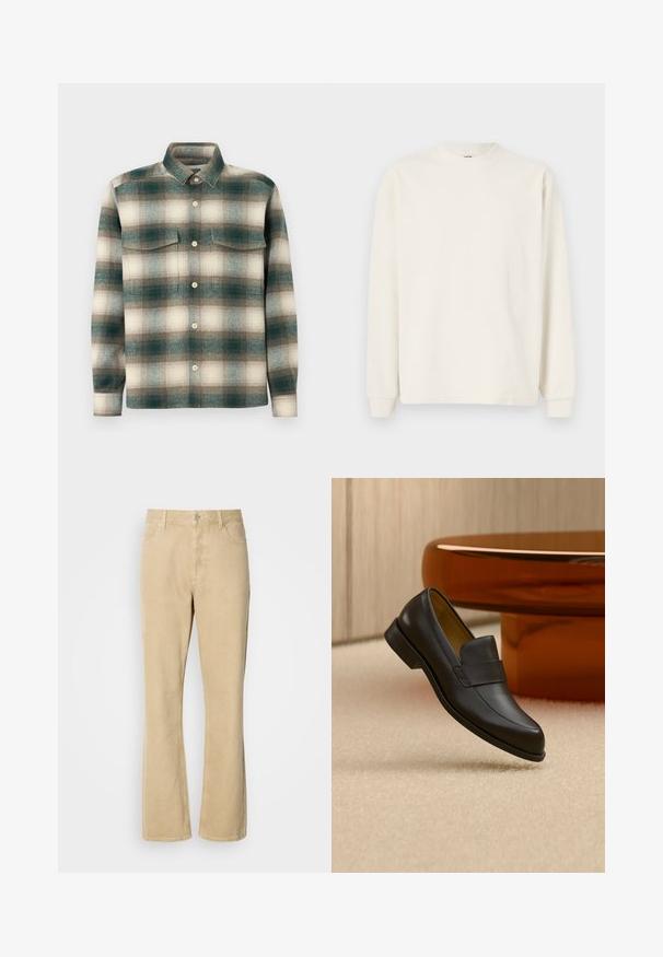 Langærmet, ribbet striktop i off-white med rund hals og tætsiddende manchetter, som har en afslappet silhuet.; Rutig skjorte i nuancer af grøn, beige og brun. Fremstillet af tekstureret stof med knaplukning foran og to brystlommer.; Beige fløjlsbukser med udvidede ben, der har en knap- og lynlås-lukning. Bukserne har fem lommer og synlige sømme langs benene. Blød tekstur.; Sort læder loafers med lav hæl svævende over beige tæppe ved rundt brunt bord.