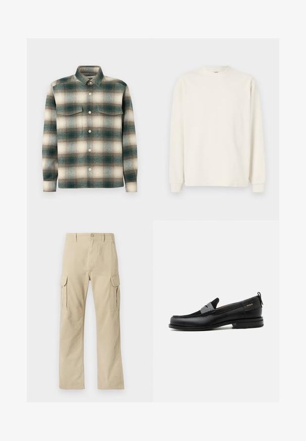 Langarm, geripptes Strickoberteil in Off-White mit Rundhalsausschnitt und enganliegenden Bündchen, das eine lockere Silhouette bietet.; Karierte Hemd in verschiedenen Grüntönen, Beige und Braun. Hergestellt aus strukturiertem Stoff mit einer Knopfleiste und zwei Brusttaschen.; Tommy Jeans OTIS HERRINGBONE PANTS - Cargohose - silt; Schwarzer Lederloafer mit grauem Riemendetail, niedrigem Absatz und strukturierter Sohle, seitlich mit „HUGO“ in Gold gebrandmarkt.