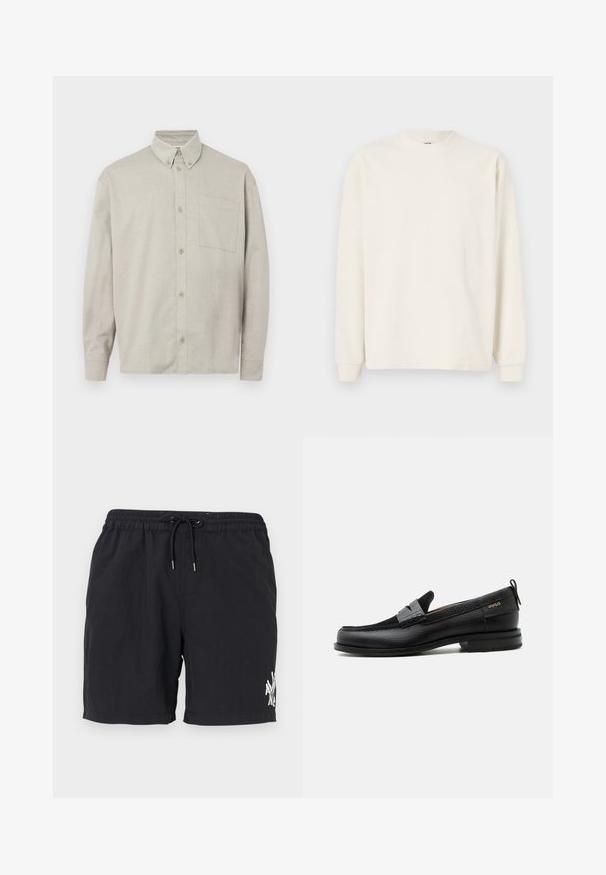 Langærmet, ribbet striktop i off-white med rund hals og tætsiddende manchetter, som har en afslappet silhuet.; Lysegrå langærmet skjorte med knapper, lavet af blødt stof. Har en button-down krave, en frontal lomme og en afslappet pasform.; Sorte svøm shorts lavet af letvægtsstof, med en elastisk talje med snoretræk og en hvid grafisk detalje på venstre ben.; Sort læderloafer med grå remdetalje, lav hæl og tekstureret sål, mærket med "HUGO" i guld på siden.