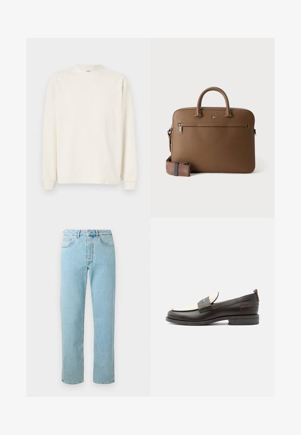 Langarm, geripptes Strickoberteil in Off-White mit Rundhalsausschnitt und enganliegenden Bündchen, das eine lockere Silhouette bietet.; Helle blaue Jeans aus Denim mit geradem Schnitt, fünf Taschen, einem Reißverschluss und einem dezenten Verblassen des Stoffes.; Dunkelbrauner Herrenschuh aus Leder mit cremefarbenem Stoffpaneel und klassischem, genähtem Riemendetail, flacher Sohle und Zuglasche an der Ferse.; Braune Leder-Aktentasche mit oberen Griffen, vorderer Reißverschlusstasche und abnehmbarem, passendem Schulterriemen auf weißem Hintergrund.