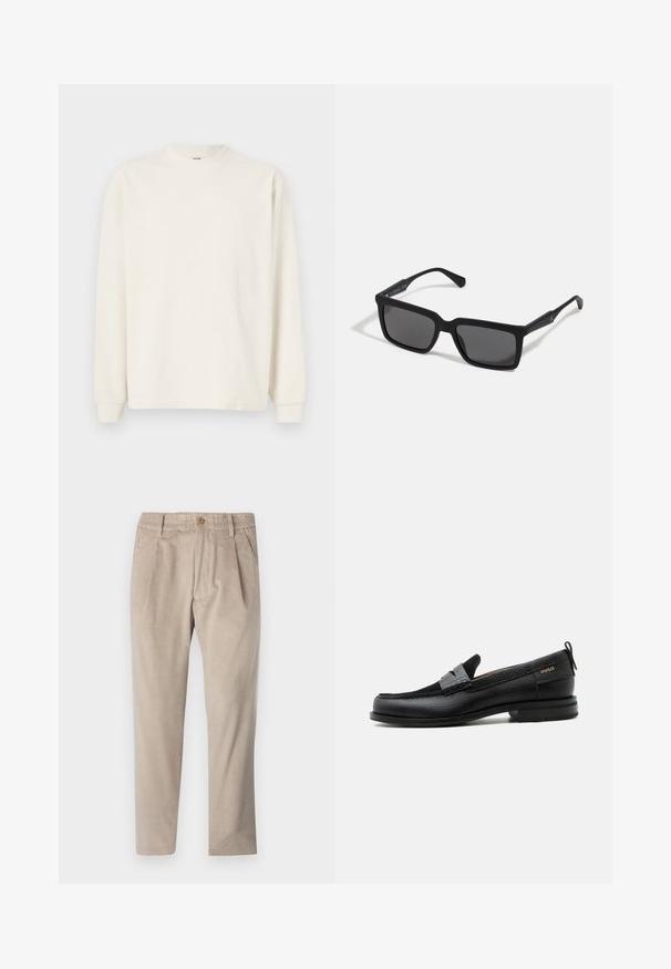 Langærmet, ribbet striktop i off-white med rund hals og tætsiddende manchetter, som har en afslappet silhuet.; Beige kordfløjspants med elastisk talje, knaplukning og plisseelementer, har et lige ben-design og struktureret stof.; Sort læderloafer med grå remdetalje, lav hæl og tekstureret sål, mærket med "HUGO" i guld på siden.; Sorte solbriller med rektangulære linser, mat finish, tykke stel og slanke arme med en subtil brandingdetalje.