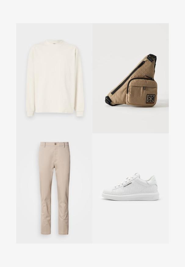 Top de punto acanalado de manga larga en color blanco roto con cuello redondo y puños ajustados, que presenta una silueta relajada.; Chinos de algodón beige con corte recto, trabillas para cinturón, un solo botón frontal y una superficie lisa, sin texturizar. No se ven bolsillos.; Zapatilla blanca hecha de cuero suave con un patrón en relieve. Presenta punta redonda, cordones en la parte frontal y suela texturizada. Detalle del logo en plata en el lateral.; Bolso bandolera beige de Calvin Klein con cremallera negra, bolsillo delantero y parche con el logo sobre un fondo claro y liso.